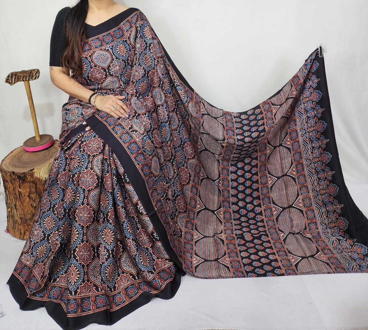 Ajrakh Modal Silk Saree