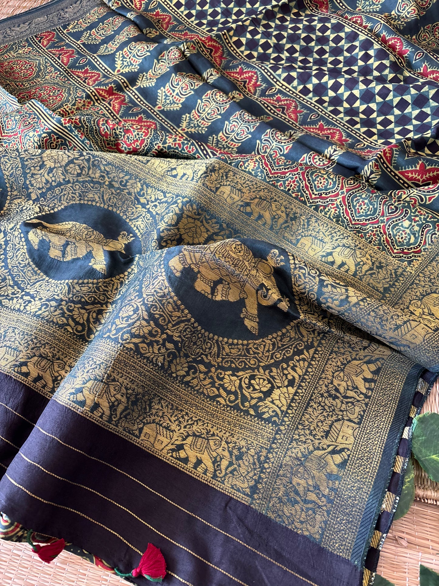 Ajrakh Dola Silk Saree