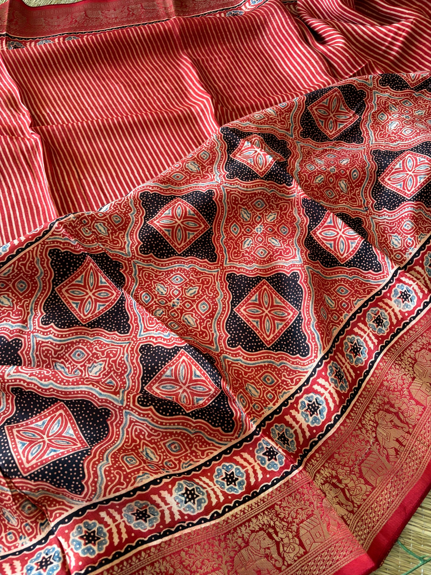 Ajrakh Dola Silk Saree