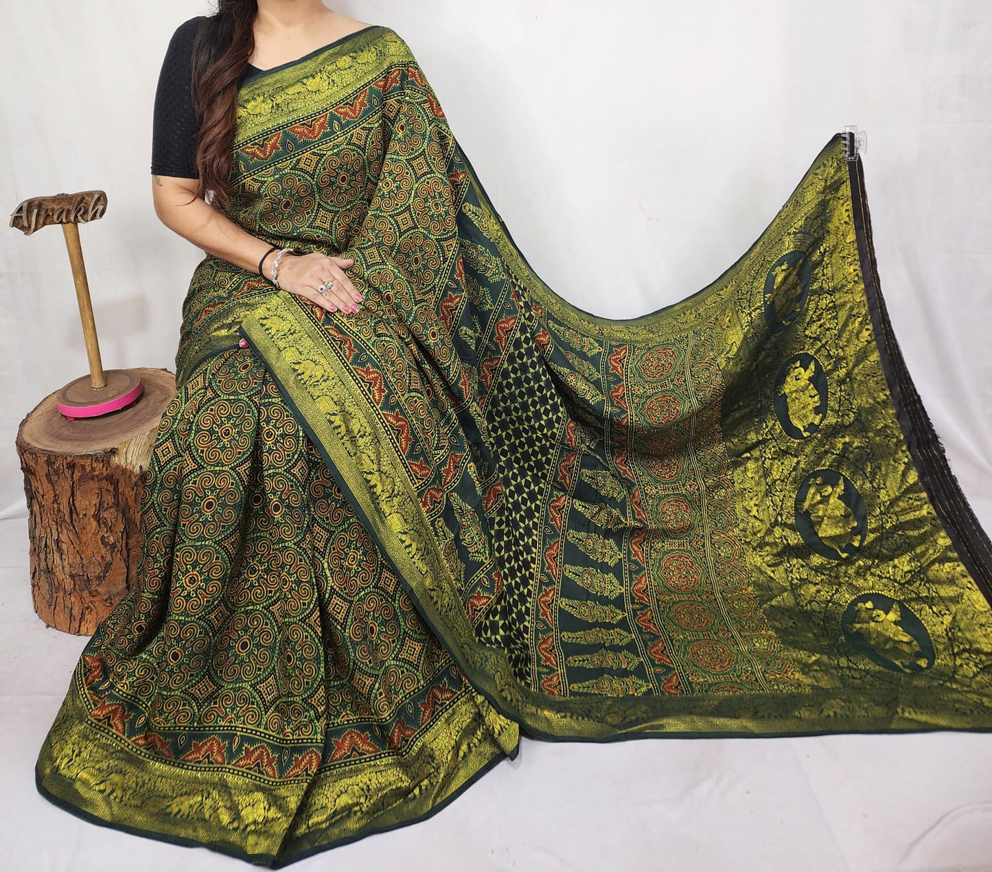 Ajrakh Dola Silk Saree