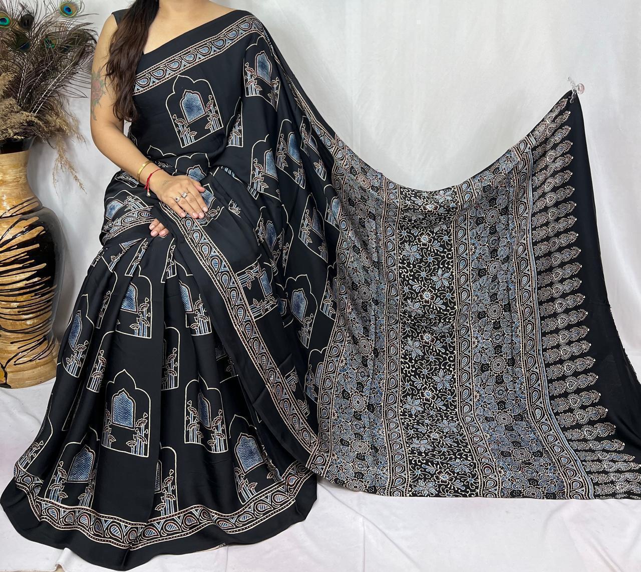 Ajrakh Modal Silk Saree