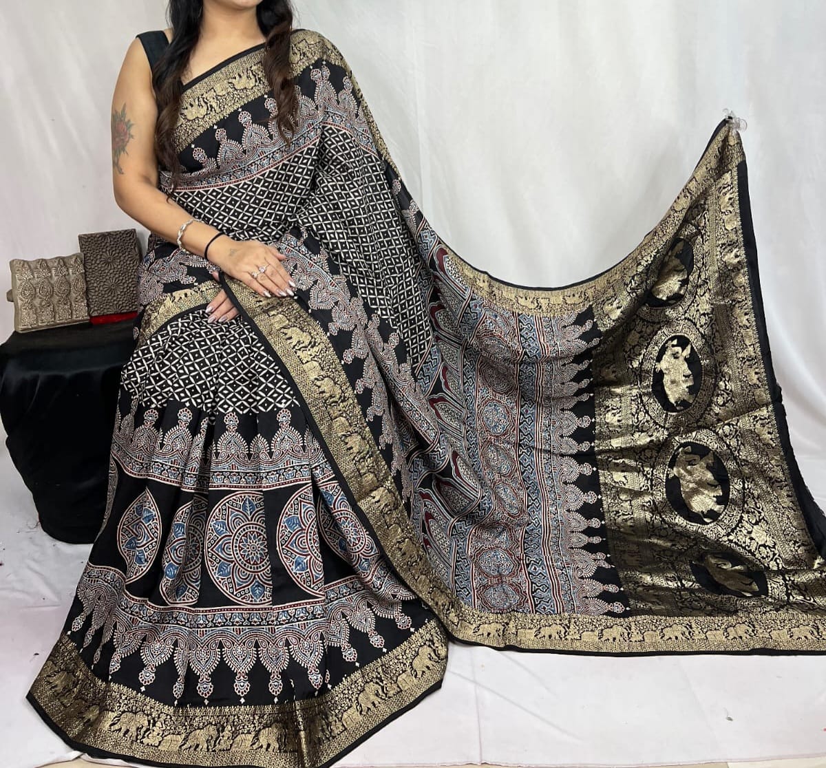 Ajrakh Dola Silk Saree