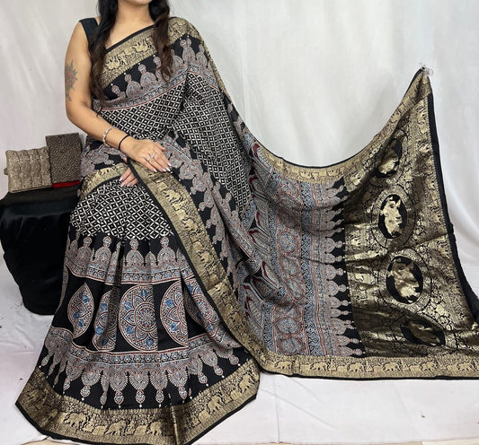 Ajrakh Dola Silk Saree
