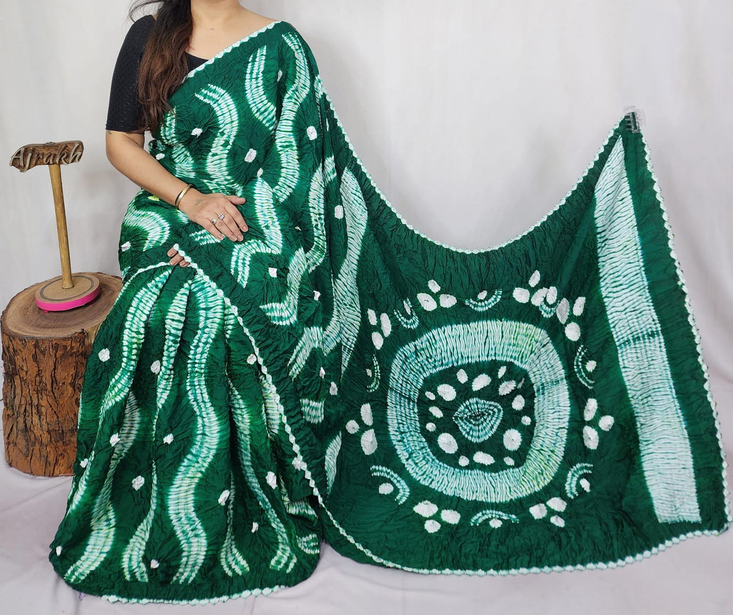 Modal Needle Shibori Saree (Bottle Green)