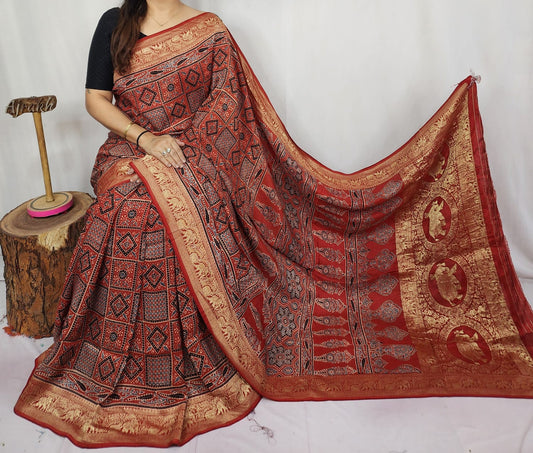 Ajrakh Dola Silk Saree