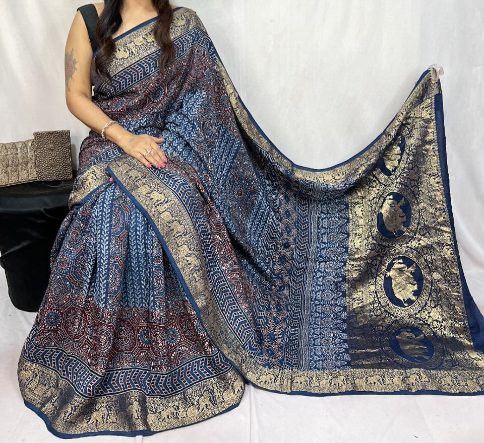 Ajrakh Dola Silk Saree