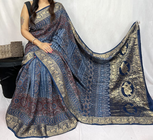Ajrakh Dola Silk Saree