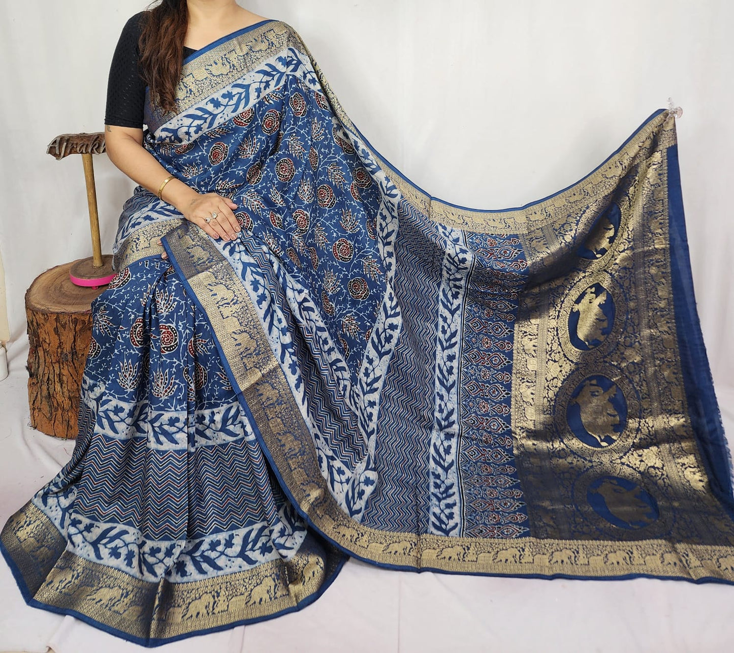 Ajrakh Dola Silk Saree