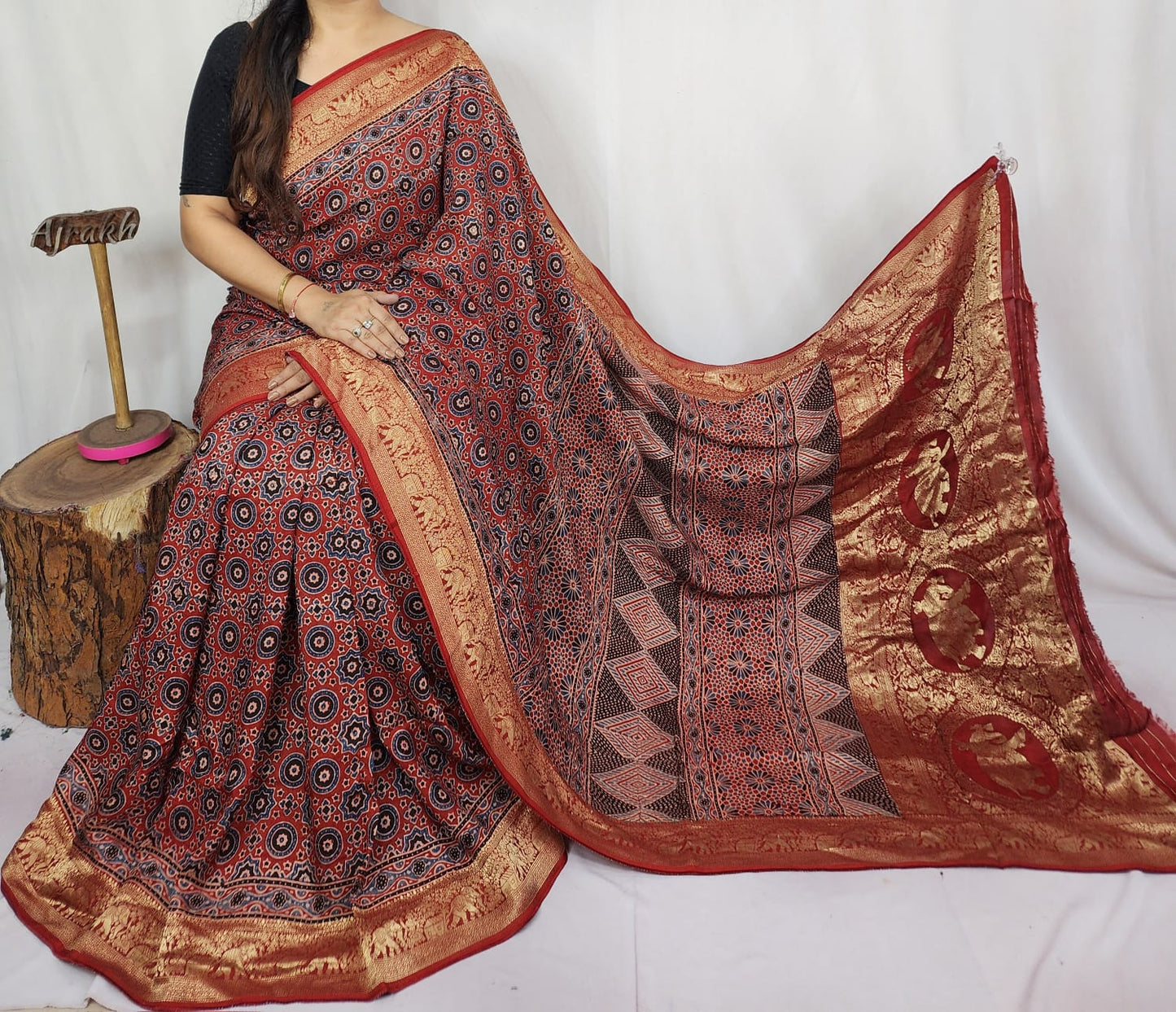 Ajrakh Dola Silk Saree