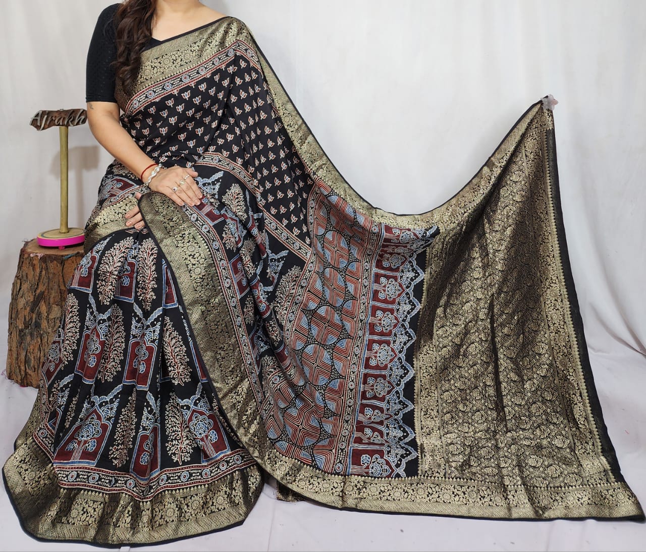Ajrakh Dola Silk Saree