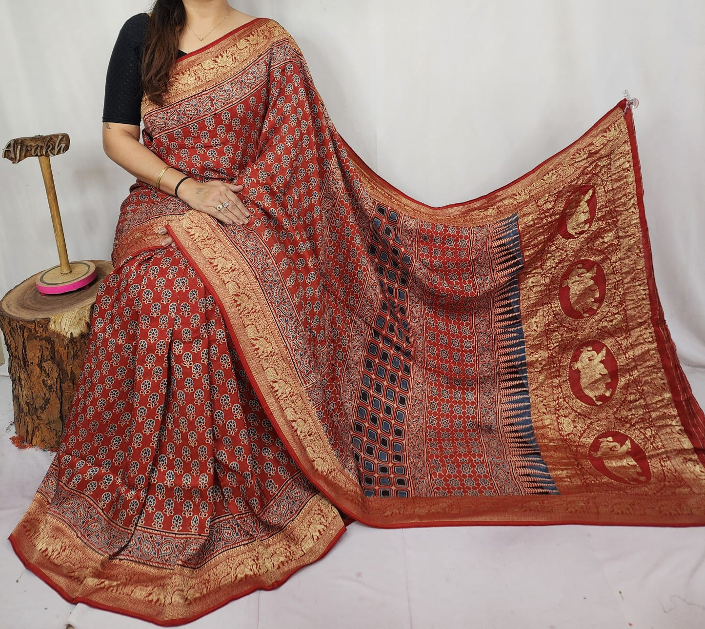 Ajrakh Dola Silk Saree