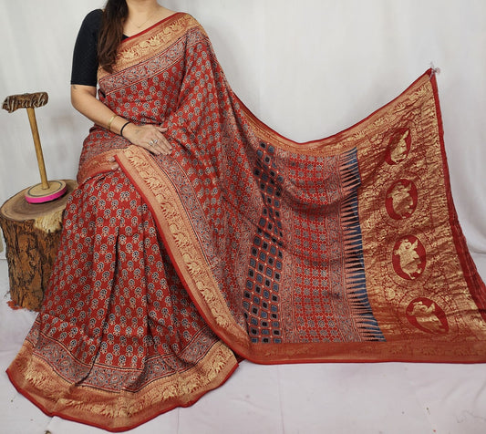 Ajrakh Dola Silk Saree