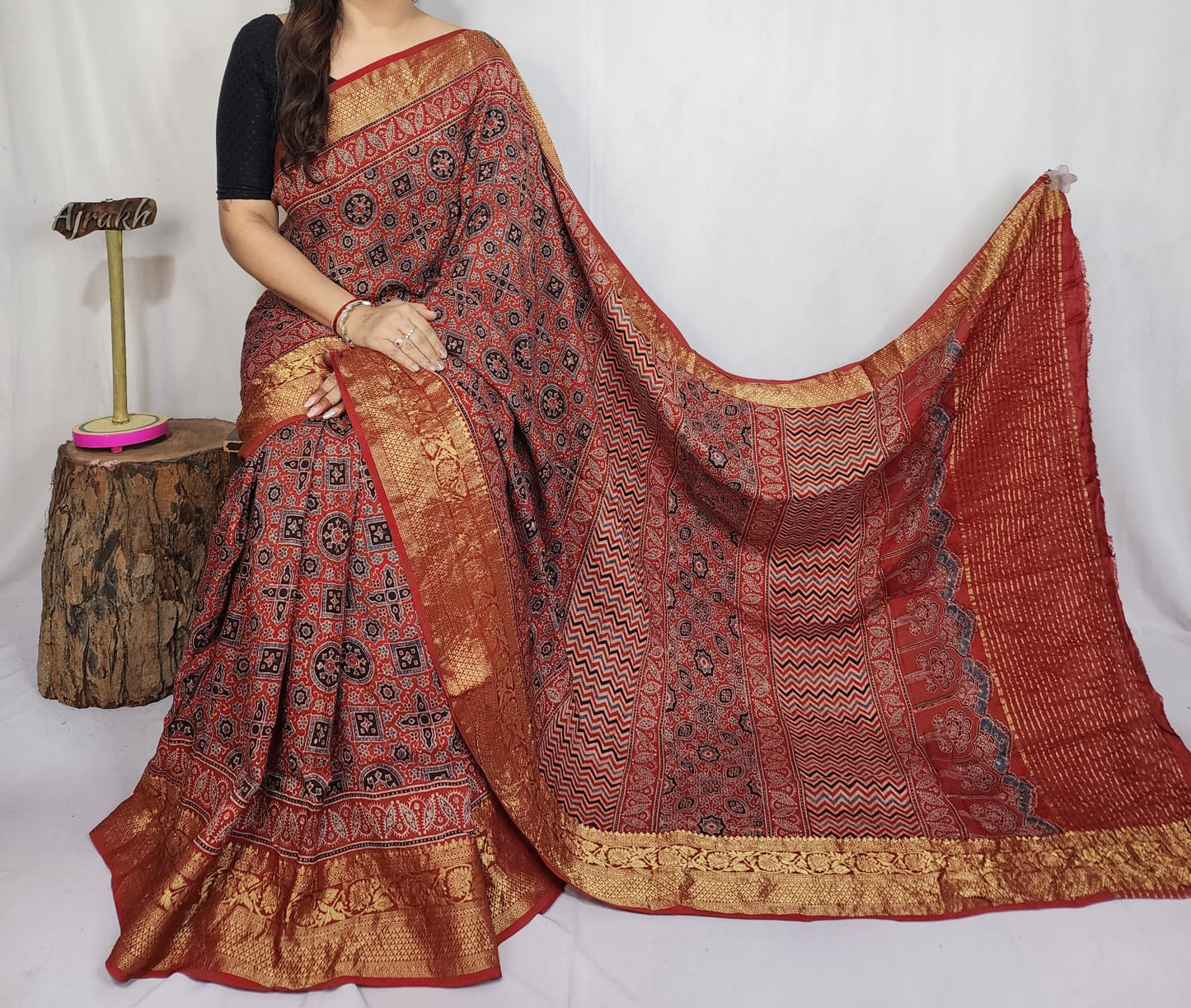 Ajrakh Dola Silk Saree