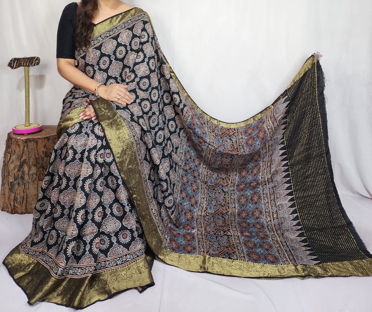 Ajrakh Dola Silk Saree