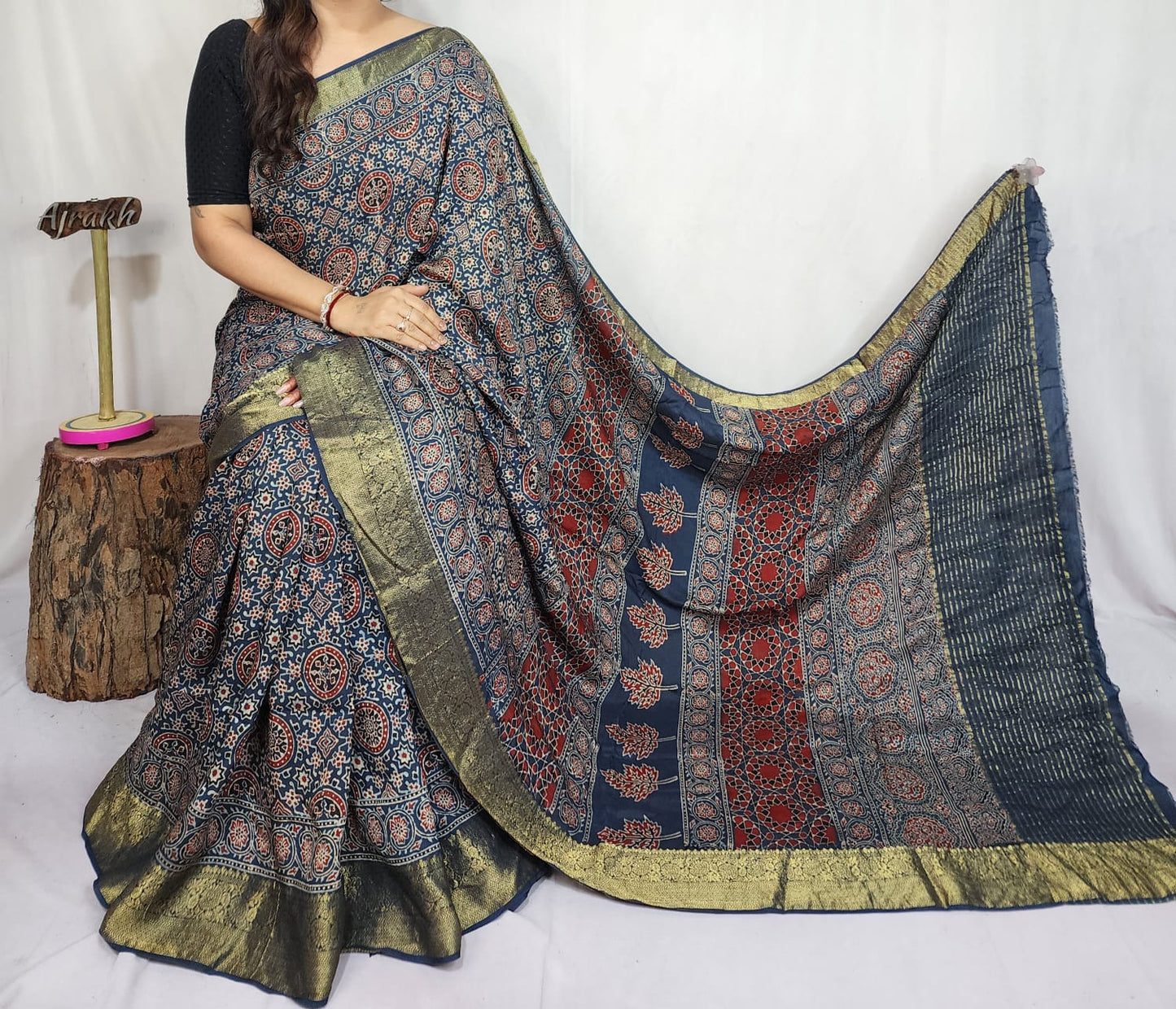 Ajrakh Dola Silk Saree