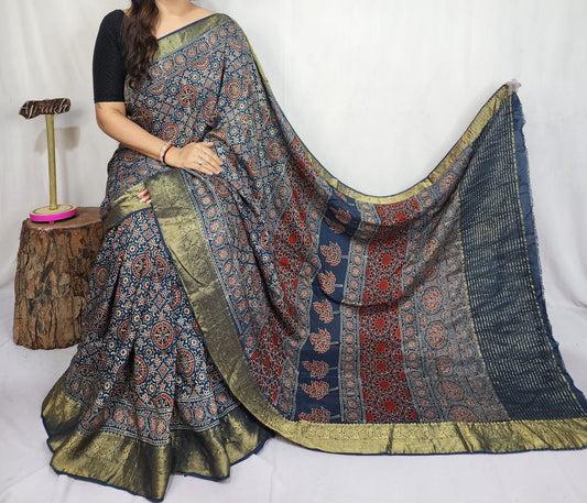 Ajrakh Dola Silk Saree