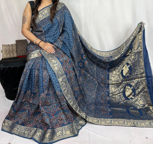 Ajrakh Dola Silk Saree