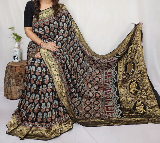 Ajrakh Dola Silk Saree