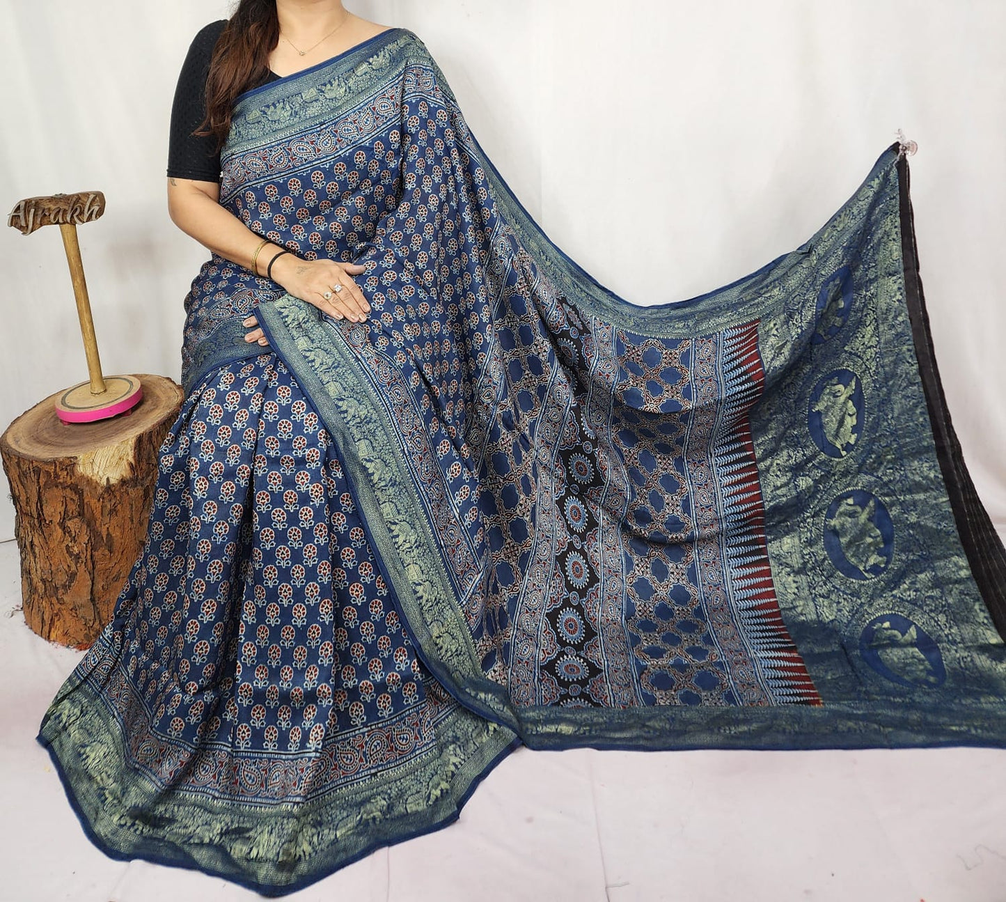 Ajrakh Dola Silk Saree