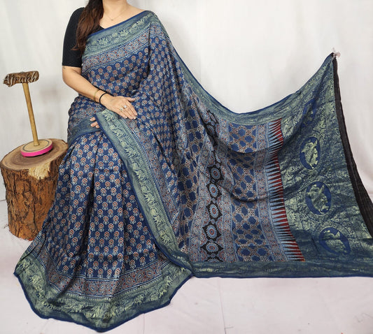 Ajrakh Dola Silk Saree