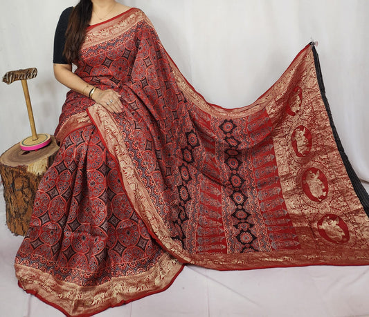 Ajrakh Dola Silk Saree