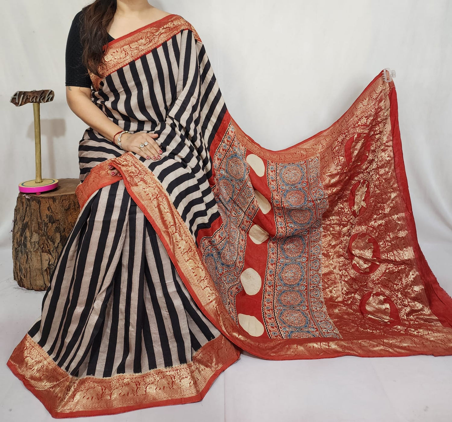 Ajrakh Dola Silk Saree