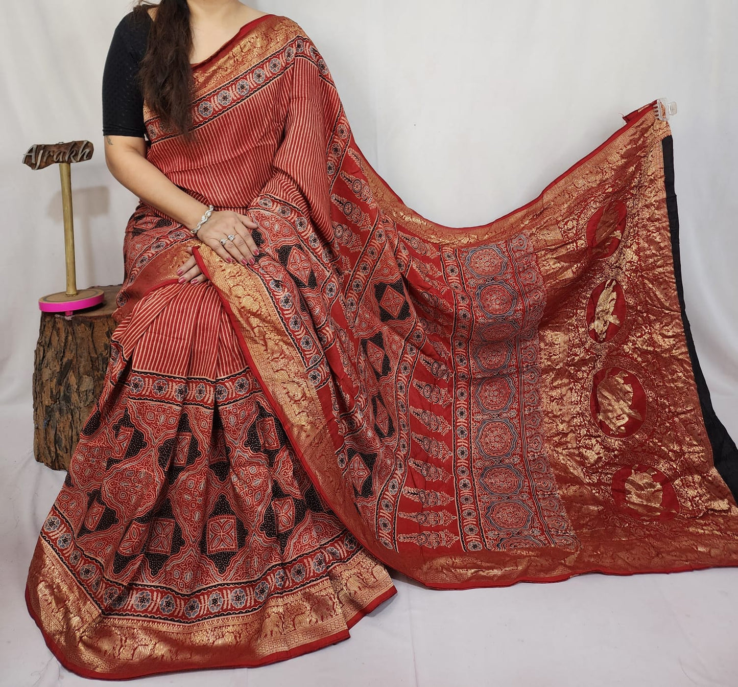 Ajrakh Dola Silk Saree