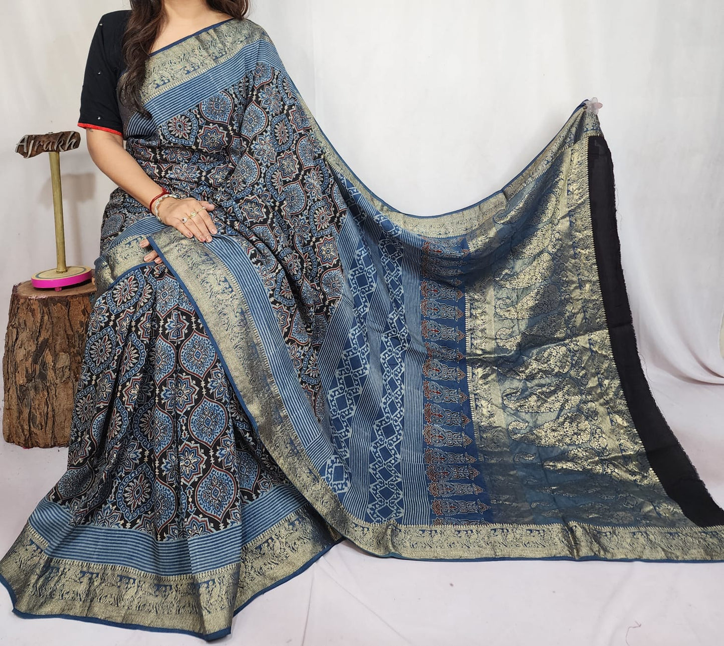 Ajrakh Dola Silk Saree