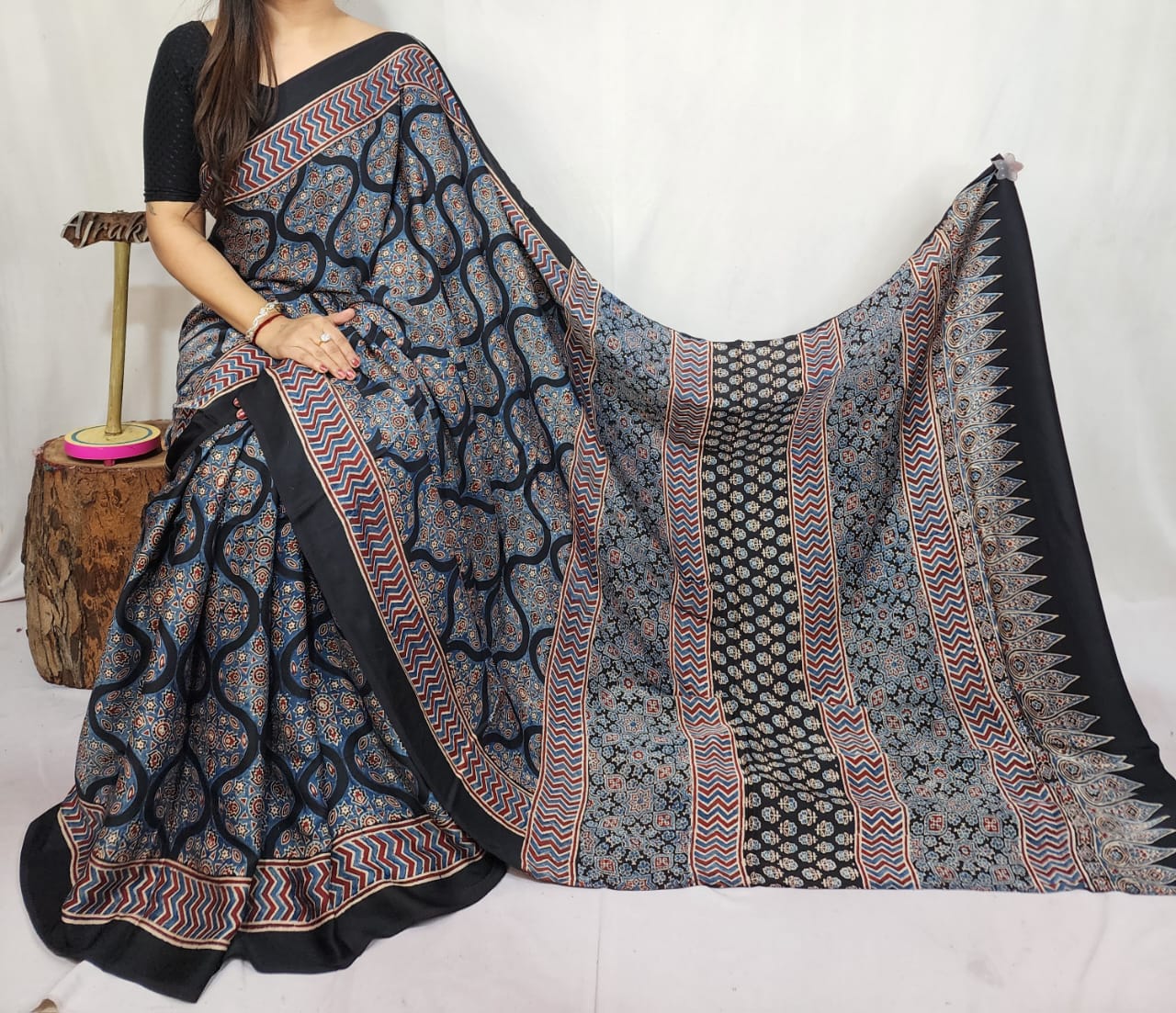 Ajrakh Modal Silk Saree