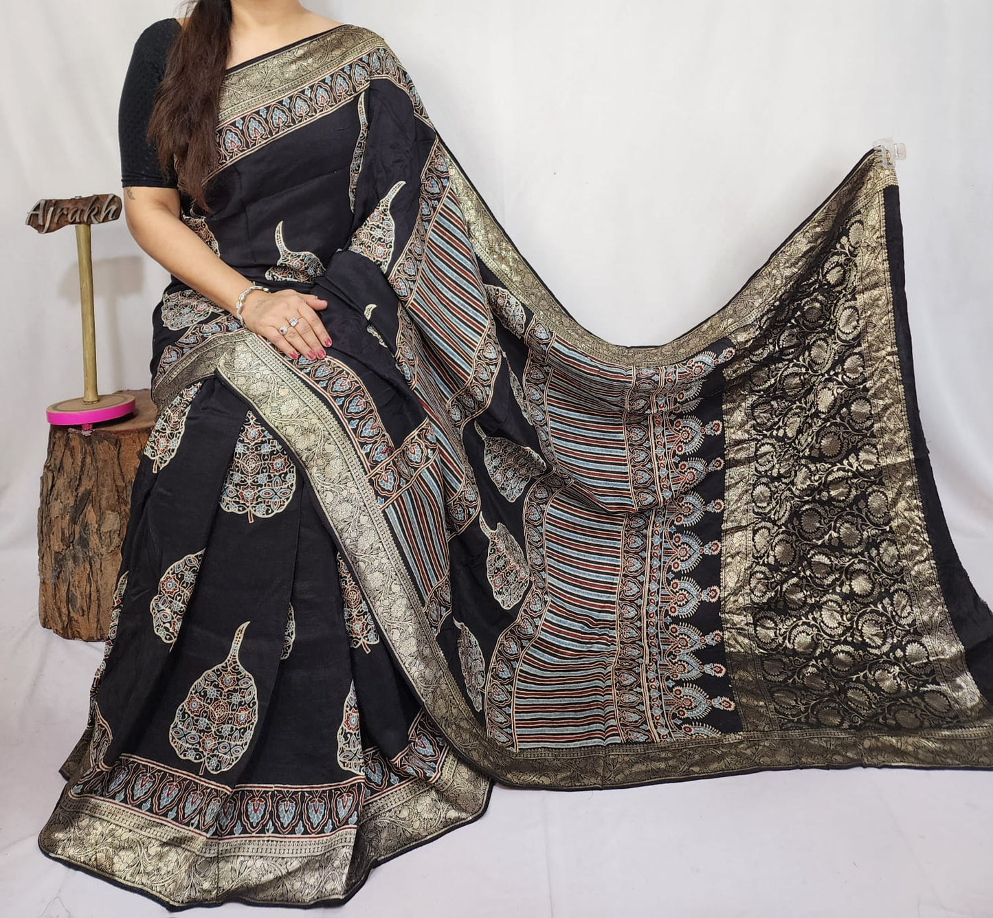 Ajrakh Dola Silk Saree