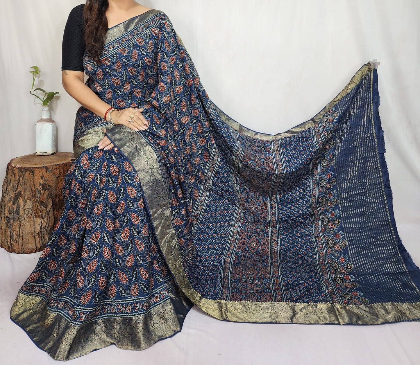 Ajrakh Dola Silk Saree