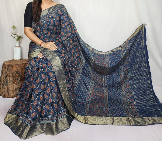 Ajrakh Dola Silk Saree